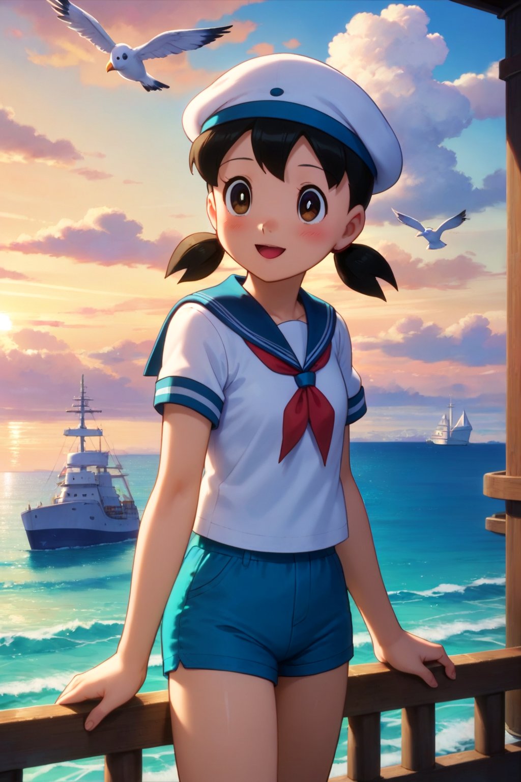 safe_pos, score_9, score_8_up, score_7_up, source masterpiece, very detailed facial features, incredibly detailed, r mood lighting, cinematic lighting, volumetric lighting, 1girl, solo, minamoto shizuka, 1girl, solo, outdoors, sailor collar, ocean, shorts, smile, bird, day, seagull, open mouth, shirt, brown eyes, black hair, sky, cloud, white shirt, short sleeves, railing, :d, blue sky, blush, water, short twintails, dutch angle, blue shorts, low twintails, sailor hat, blue sailor collar, aqua shorts, standing, on ship, open ocean,