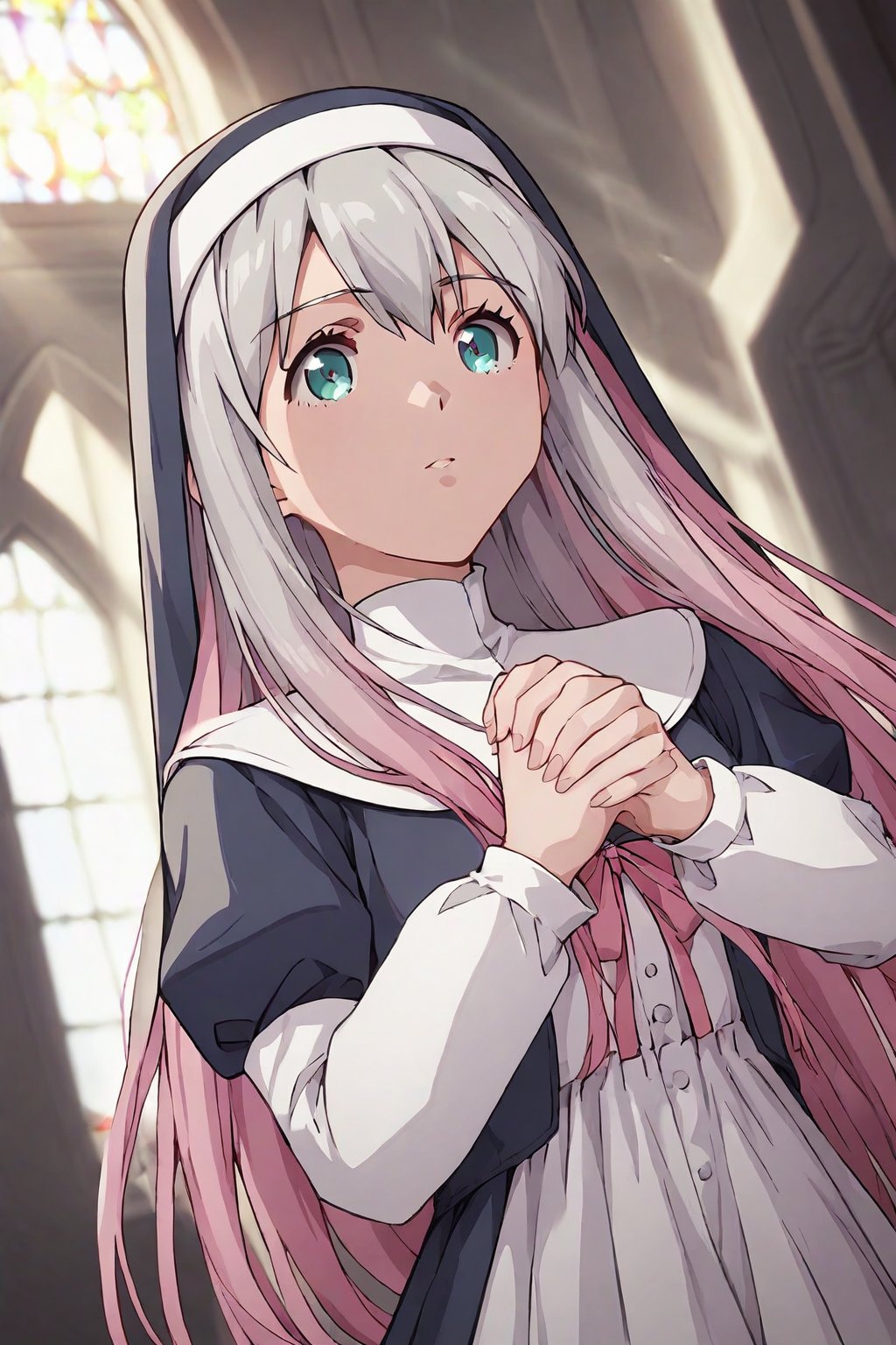 score_9, score_8_up, score_7_up, source_anime, masterpiece, high detailed,very aesthetic, koizumi yogiri, 1girl, grey hair, aqua eyes, pink hair, multicolored hair, detailed gorgeous eyes, perfect face, detailed face, pray in the church, detailed background, nun clothes, dutch_angle, god rays, concept art,