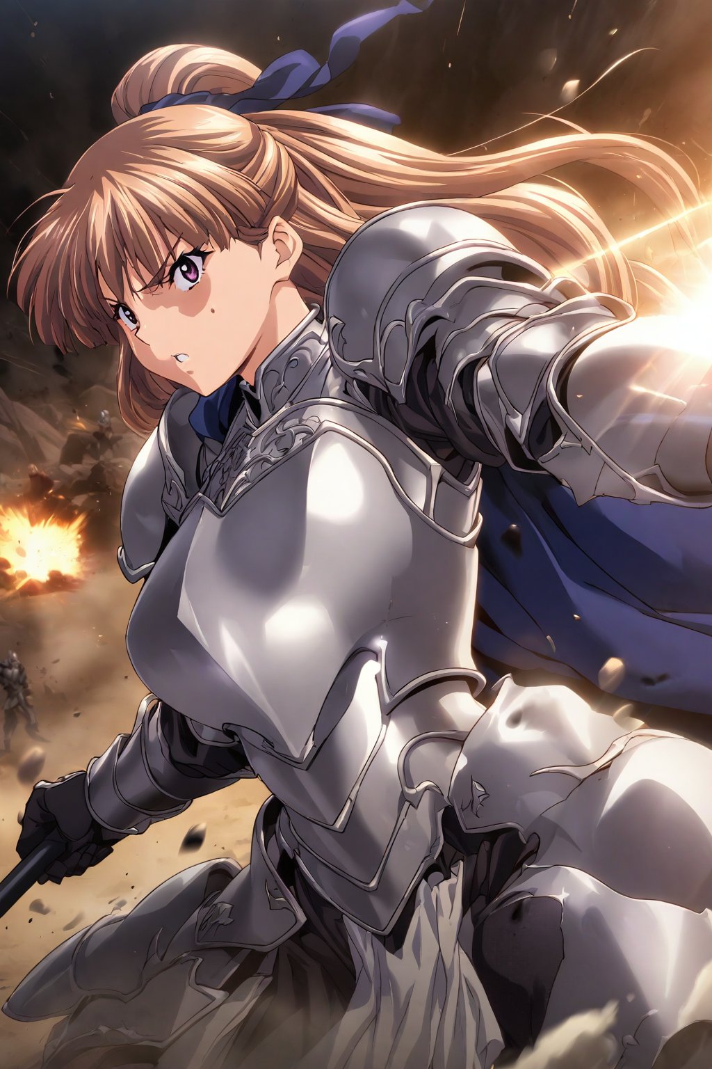 anime coloring, masterpiece, best quality,absurdres, kanzaki asuka, half updo, high detailed,very aesthetic, 1girl, detailed gorgeous eyes, perfect face, detailed face, 1girl, female knight, detailed armor, silver armor, blue cape flowing, dynamic action pose, intense expression, determined eyes, battlefield, dramatic lighting, epic battle, dust and debris, high contrast, cinematic angle, 2/3 shot
