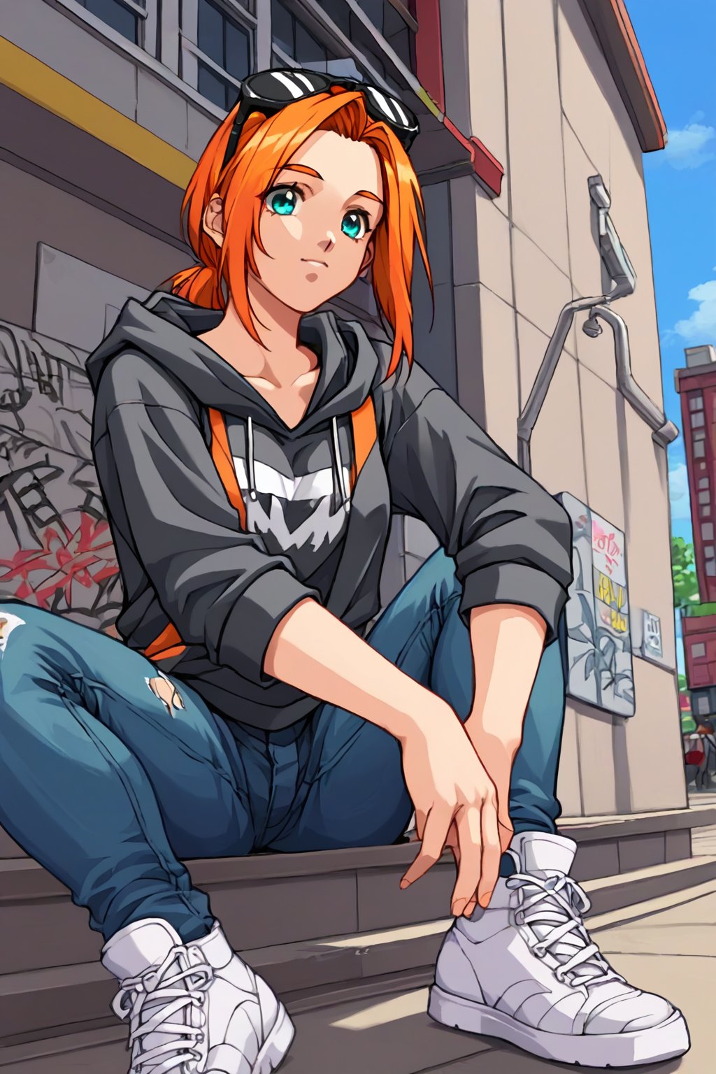 score_9, score_8_up, score_7_up, source_anime, masterpiece, high detailed,very aesthetic, kanou makoto, 1girl, orange hair, aqua_eyes, eyewear on head, detailed gorgeous eyes, perfect face, detailed face, street-style girl, sitting, confident pose, under bridge, graffiti art, urban setting, hoodie, ripped jeans, sneakers, vibrant colors, expressive graffiti, shadows, natural lighting, BREAK, relaxed expression, hands in pockets, cool demeanor, wind-blown hair, cinematic, dusk, from_below,