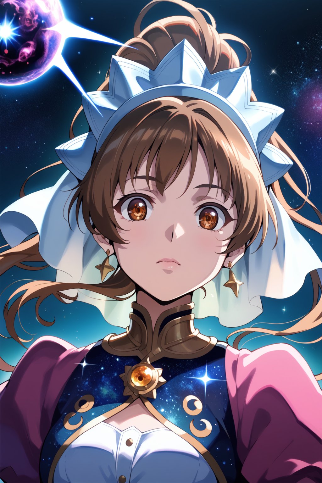 score_9, score_8_up, score_7_up, score_6_up, score_5_up, score_4_up, source_anime, sunohara shizuka,

brown hair, brown eyes, ponytail, hair bow, (A female cosmic entity with a body resembling a swirling vortex of galaxies and eyes that hold the secrets of the universe, attire inspired by the birth of stars and the swirling chaos of nebulae, rendered in a breathtaking cosmic art style with swirling colors and celestial motifs, wearing unique Avant-garde masterpiece attire and headdress:1.1), (illuminated by the ethereal glow of a quasar, set against the backdrop of a panoramic view of the cosmos), (upper body portrait from the Waist:1.1), 

masterpiece, best quality, cute girl, beautiful girl, perfect body, perfect face, shiny eyes,