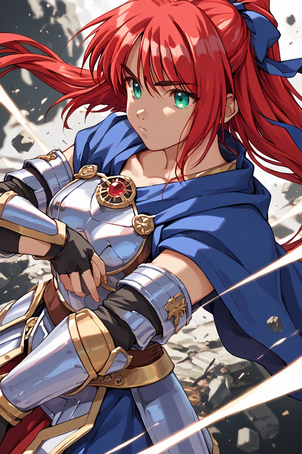 score_9, score_8_up, score_7_up, source_anime, masterpiece, high detailed,very aesthetic, ogata shizuka, red hair, 1girl, aqua eyes, ponytail, detailed gorgeous eyes, perfect face, detailed face, 1girl, female knight, detailed armor, silver armor, blue cape flowing, dynamic action pose, intense expression, determined eyes, battlefield, dramatic lighting, epic battle, dust and debris, high contrast, cinematic angle, 2/3 shot