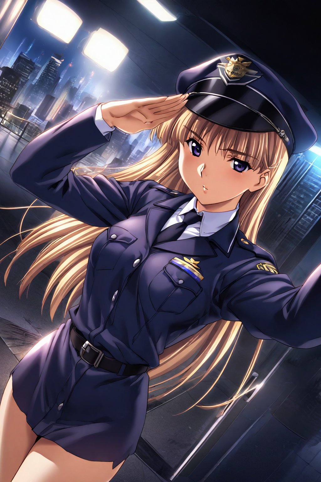 high detailed,very aesthetic, kanzaki asuka, 1girl, blonde hair, blue eyes,  A police officer, standing under a dim streetlight, modern skyscrapers background, wearing dark blue uniform, take a selfies, police cap, salute, a shadowy corner, light rain falls, mysterious atmosphere, police car, flashing lights, mist, Cinematic, dramatic lighting, high contrast, wide angle,