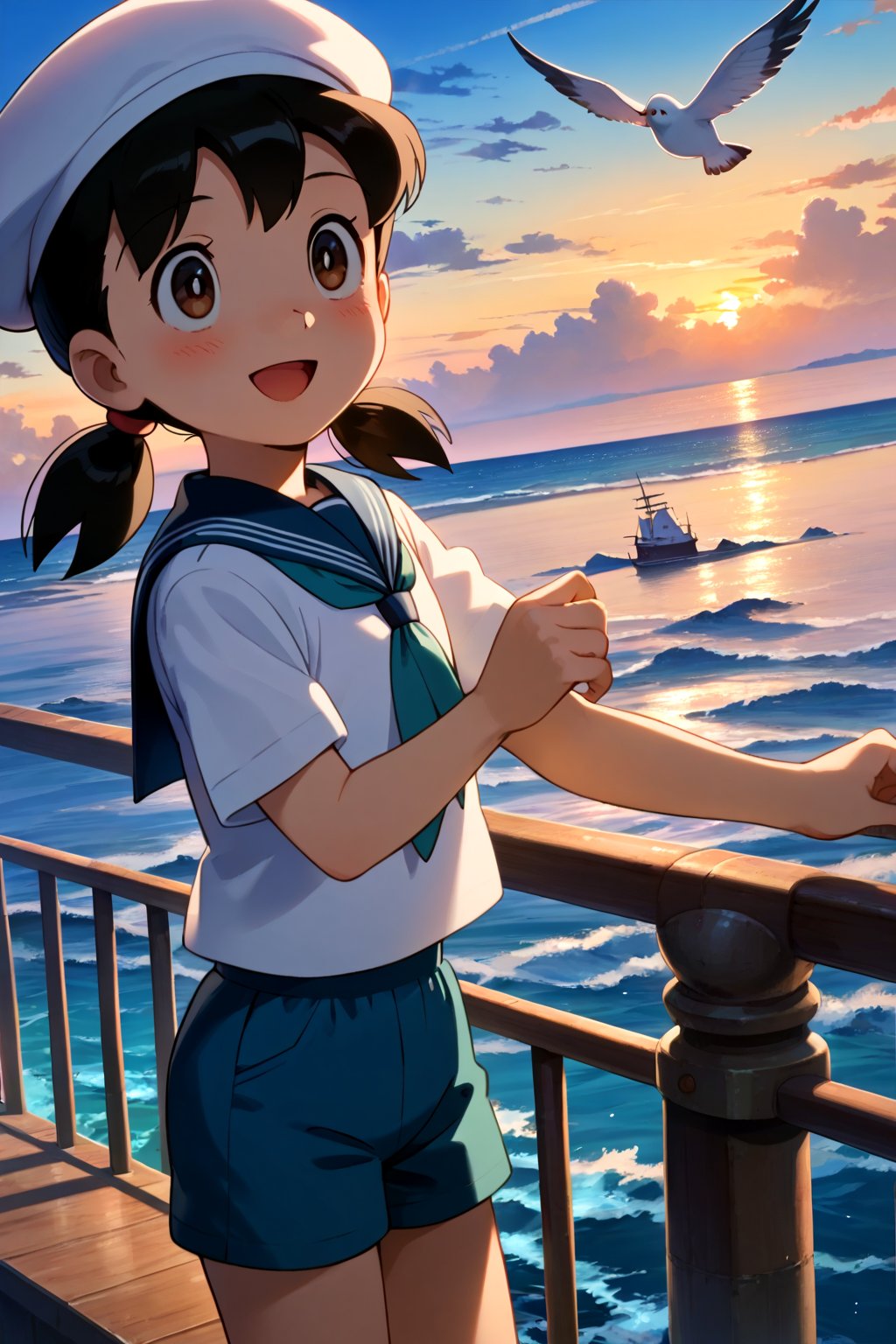 safe_pos, score_9, score_8_up, score_7_up, source masterpiece, very detailed facial features, incredibly detailed, r mood lighting, cinematic lighting, volumetric lighting, 1girl, solo, minamoto shizuka, 1girl, solo, outdoors, sailor collar, ocean, shorts, smile, bird, day, seagull, open mouth, shirt, brown eyes, black hair, sky, cloud, white shirt, short sleeves, railing, :d, blue sky, blush, water, short twintails, dutch angle, blue shorts, low twintails, sailor hat, blue sailor collar, aqua shorts, standing, on ship, open ocean,