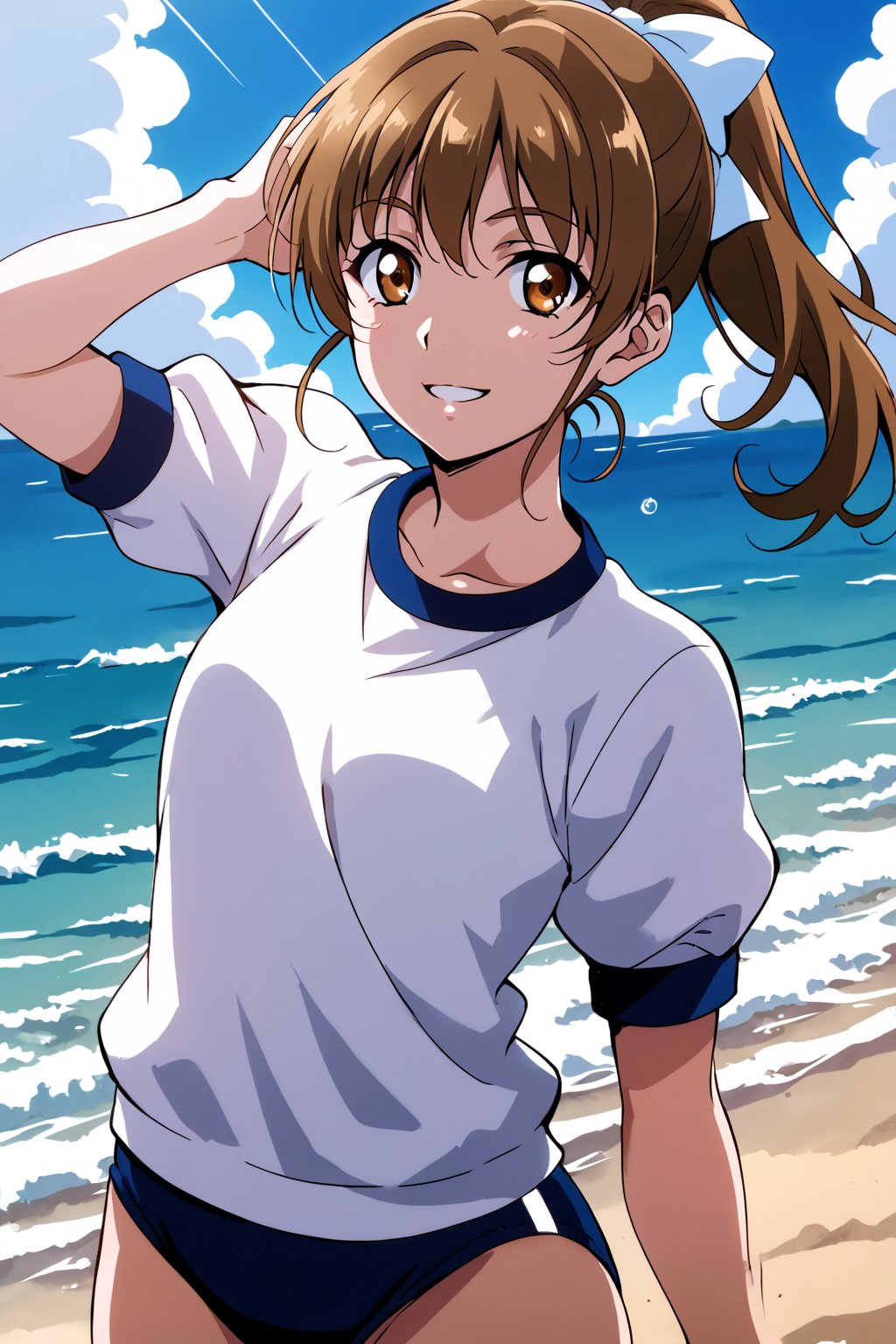 score_9, score_8_up, score_7_up, score_6_up, score_5_up, score_4_up, source_anime, anime coloring, sunohara shizuka, ponytail, hair bow, brown hair, brown eyes, waves, beach, blue sky, (clouds:0.8), school girl, solo, smile, gym uniform, buruma, short sleeves, flat illustration, close-up, dynamic pose angle, masterpiece, best-quality, highest-definition, ultra-detailed, high-resolution, intricate,
