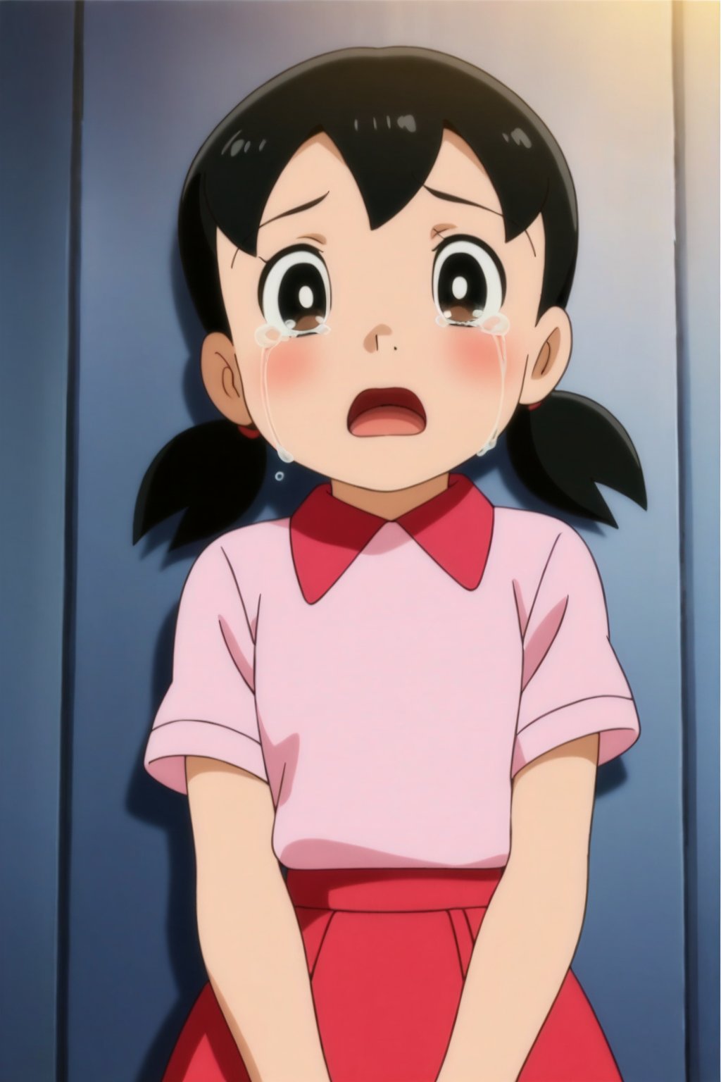 minamoto shizuka,

1girl, brown eyes, twintails, black hair, tears, skirt, shirt, open mouth, crying, short sleeves, red skirt, short twintails, pink shirt, scared, crying with eyes open, child, short hair, collared shirt, looking at viewer, anime coloring, low twintails,

masterpiece, best quality, cute girl, beautiful girl, perfect body, perfect face, shiny eyes,