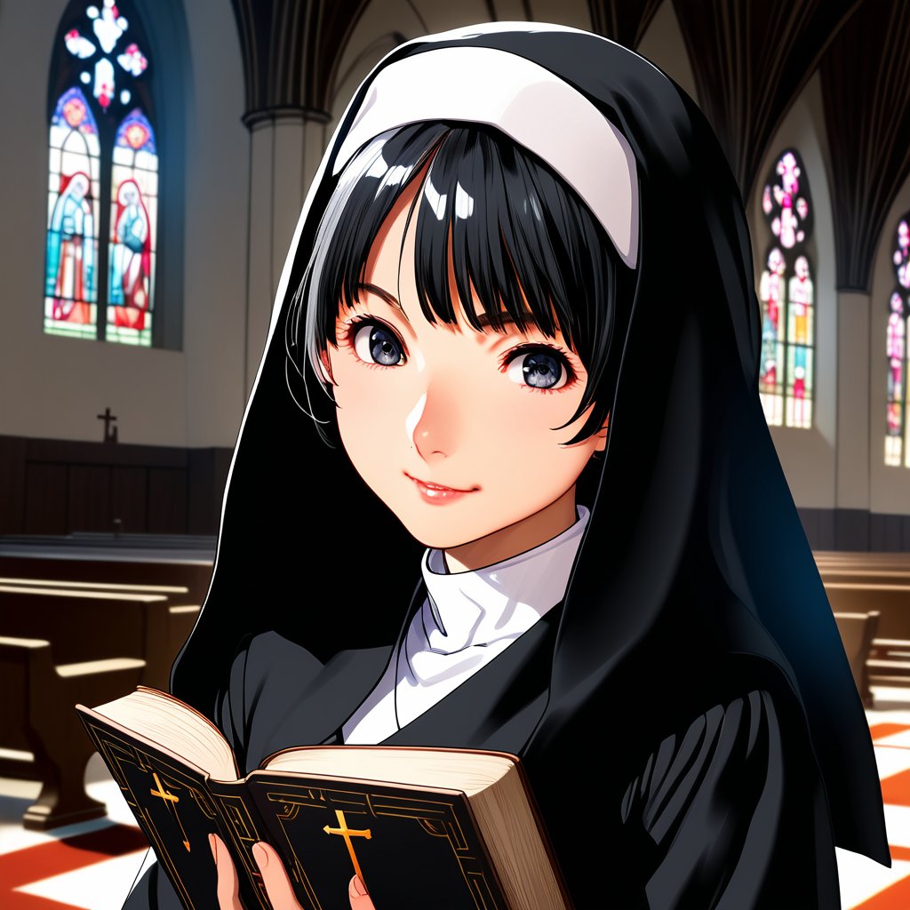 tokiyama sui, 1girl, black hair, black eyes, solo, nun, traditional nun, solo, holding, realistic, habit, book, church, looking at viewer, holding book, cross, smile, indoors, cowboy shot, long hair, blurry, blurry background, dress, closed mouth, lips, asian, (black dress), black wimple, anime coloring, official art, masterpiece, best quality, cute girl, beautiful girl, perfect body, perfect face, shiny eyes, soft lightning,masterpiece, best quality, cute girl, beautiful girl, perfect body, perfect face, shiny eyes