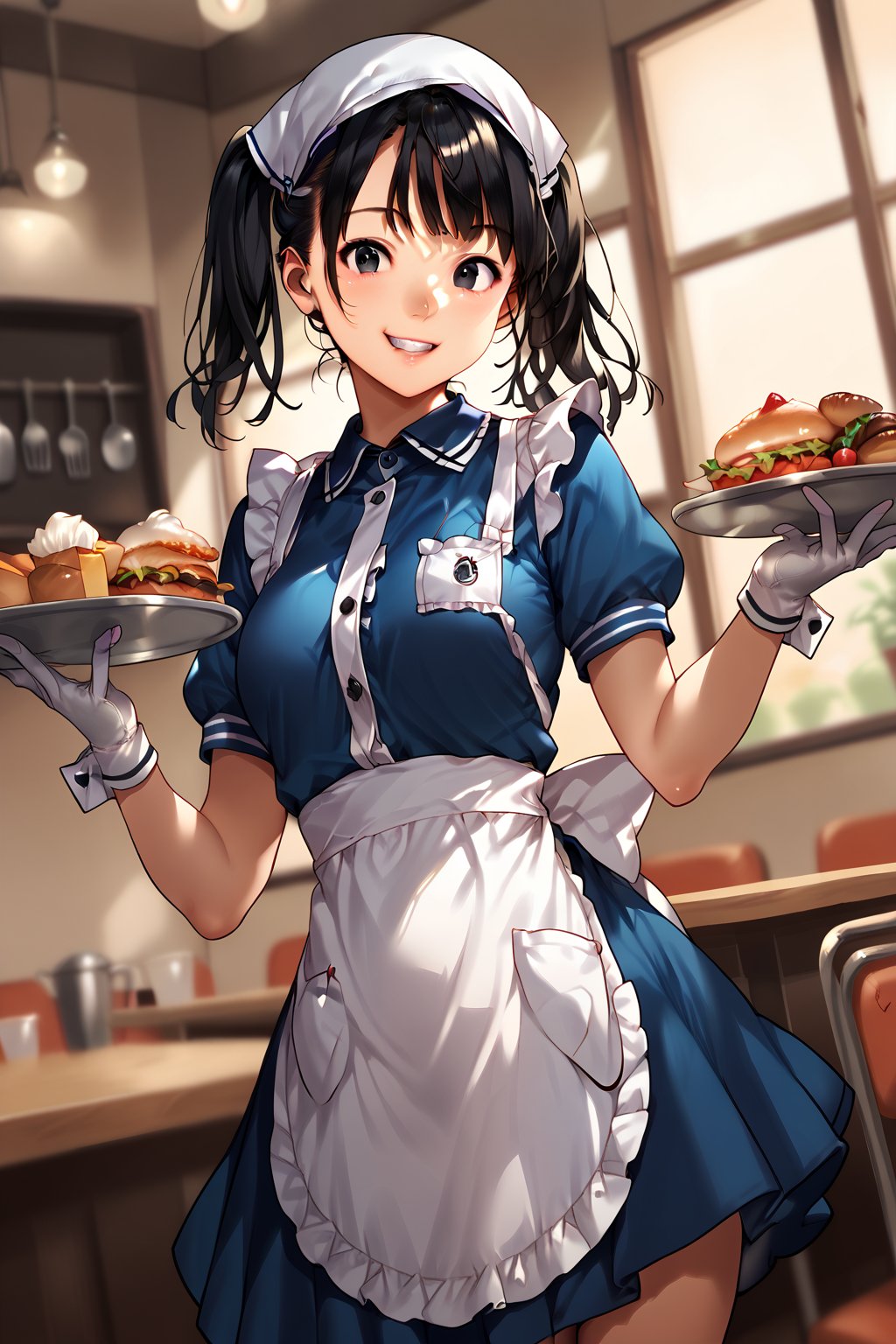 score_9, score_8_up, score_7_up, score_6_up, score_5_up, score_4_up, source_anime, ((cowboy shot)), tokiyama sui, 1girl, solo, black hair, black eyes, sidelocks, twintails, smile, apron, blue shirt, blue skirt, frilled apron, frills, gloves, head scarf, shirt, short sleeves, skirt, uniform, waist apron, waitress, white apron, white gloves, food, tray, food tray, indoors, restaurant, looking at viewer, dutch angle, cowboy shot, dynamic pose,