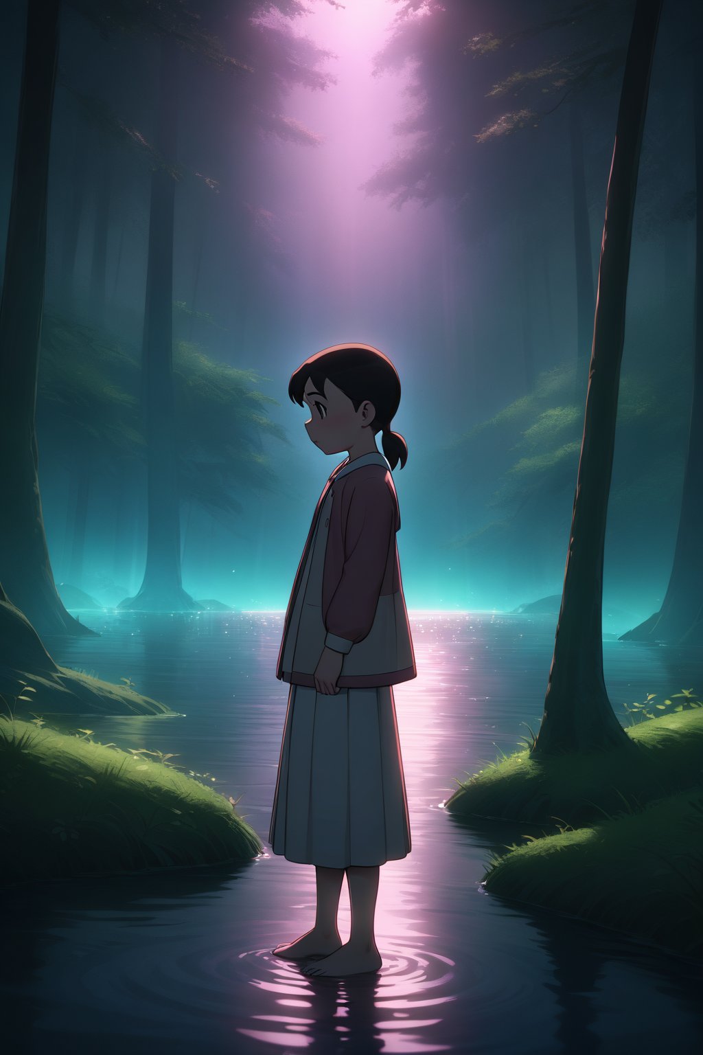 masterpiece, very detailed facial features, incredibly detailed, mood lighting, cinematic lighting, volumetric lighting, masterpiece, best quality, abdurdres, minamoto shizuka, A girl stands at the edge of a serene lake, gazing at her reflection in the water, surrounded by tall trees and the soft sounds of nature, contemplating her dreams.