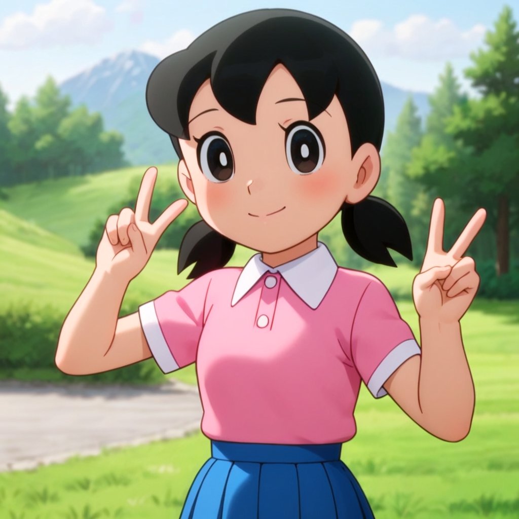 score_9, score_8_up, score_7_up, score_6_up, score_5_up, score_4_up, source_anime,minamoto shizuka,1girl, solo,1girl, solo, v, twintails, black hair, skirt, double v, smile, outdoors, shirt, blue skirt, looking at viewer, black eyes, pleated skirt, short sleeves, pink shirt, blush, closed mouth, day, tree, collared shirt, short twintails, low twintails, upper body, grass,masterpiece, perfect face, best quality, beautiful girl, cute girl, beautiful eyes, shiny eyes, anime coloring, anime screencap, absurdres, outdoors,  