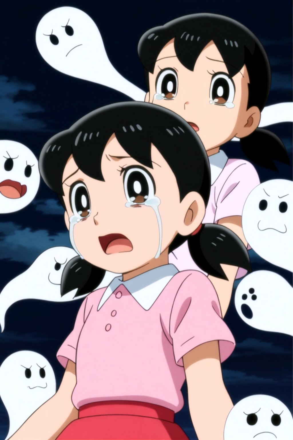 minamoto shizuka,

1girl, brown eyes, twintails, black hair, tears, skirt, shirt, open mouth, crying, short sleeves, red skirt, short twintails, pink shirt, scared, crying with eyes open, child, short hair, collared shirt, looking at viewer, anime coloring, low twintails,, ghost,

masterpiece, best quality, cute girl, beautiful girl, perfect body, perfect face, shiny eyes,