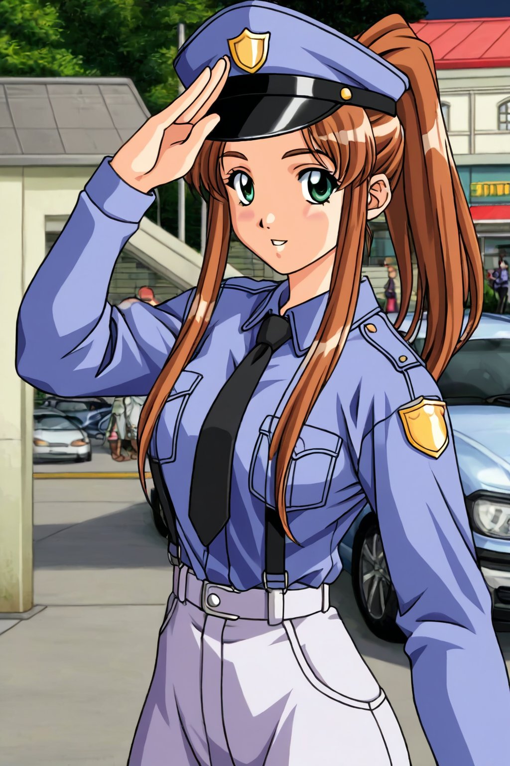 high detailed,very aesthetic, murata miyuki, 1girl, brown hair, green eyes, ponytail, police cap, salute, A police officer, standing under a dim streetlight, modern skyscrapers background, wearing dark blue uniform, take a selfies, a shadowy corner, light rain falls, mysterious atmosphere, police car, flashing lights, mist, Cinematic, dramatic lighting, high contrast, wide angle,