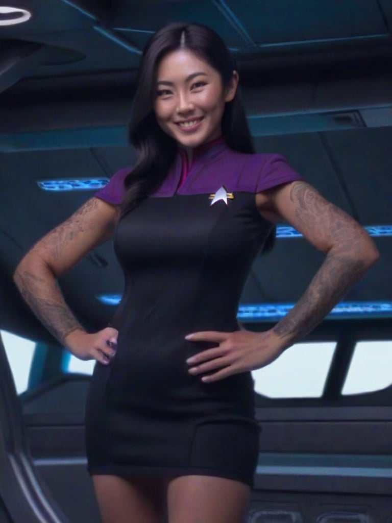 Head-to-foot view, A masterpiece ((full-body photo)) of a Japanese female, late 20s, fitness model, large breasts, tan skin, long black hair, statuesque, ((intricately-detailed Japanese irezumi tattoos on her arms only)), smiling, wearing a cropped black sleeveless uniform with narrow purple trim and a Star Trek logo showing ((cleavage)), bare abs, very short black miniskirt with narrow purple trim, standing provocatively with legs spread on the brightly-lit command deck of a space ship.  Masterpiece photo, clear sunlight, bright vivid color, vibrant, highly detailed vagina, realistic skin tone, HDR, high dynamic range, stsnwunf uniform, black and grey ds9st uniform