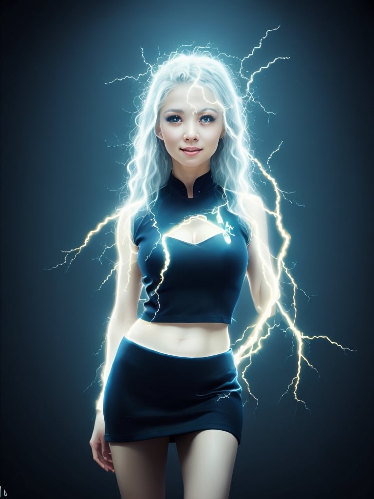 A masterpiece full-body photo of a stunning, short, petite, (((Thai))) Human female, late 20s, perky medium breasts, ((long white hair)),  fair skin, glowing blue eyes, wearing a cropped black sleeveless Star Trek uniform vest with blue trim and a Star Trek logo showing cleavage, bare abs, very short black miniskirt with blue trim, smiling and standing provocatively against a black background, ((static electricity crackling off her skin)).. Masterpiece, vivid color, vibrant, realistic skin tone, HDR, high dynamic range, DonMl1ghtning,blackeyeglow,sttldunf uniform