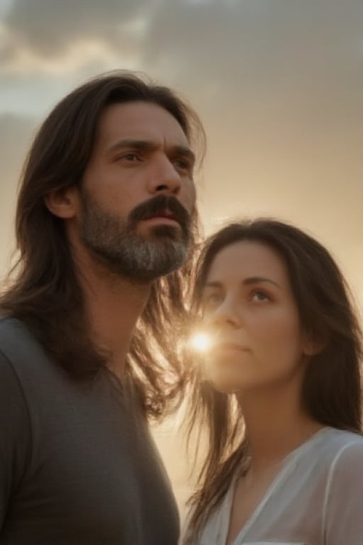 Photography, outdoor, cinematic lighting (from below: 1.5) of Gas a 40-year-old handsome man with very long, unkempt brown hair and a grey t-shirt standing next to Pao a woman with long, straight black hair blowing in the wind, wearing a white blouse with the buttons suggestively undone. (((They both look up at the sky at the same point to the right))), (((They both look up at the sky at the same point to the right))) and have the same posture, the man with a serious expression, the woman with a soft gaze. The setting sun behind them fills the sky with warm orange and yellow hues, creating a calm, contemplative mood. Cinematic lighting from below casts soft shadows, enhancing their features. The scene is bathed in a warm golden glow, with a subtle film grain and a slightly desaturated colour palette, evoking a serene and nostalgic atmosphere, que recuerda a una película de Zack Snyder, skin texture, Details 