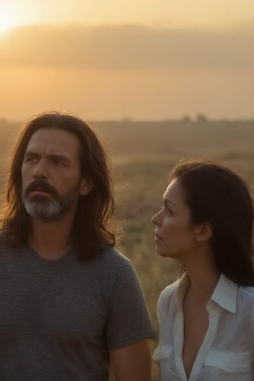 Photography, outdoor, cinematic lighting (from below: 1.5) of Gas a 40-year-old handsome man with very long, unkempt brown hair and a grey t-shirt standing next to Pao a woman with long, straight black hair blowing in the wind, wearing a white blouse with the buttons suggestively undone. (((They both look up at the sky at the same point to the right))), (((They both look up at the sky at the same point to the right))) and have the same posture, the man with a serious expression, the woman with a soft gaze. The setting sun behind them fills the sky with warm orange and yellow hues, creating a calm, contemplative mood. Cinematic lighting from below casts soft shadows, enhancing their features. The scene is bathed in a warm golden glow, with a subtle film grain and a slightly desaturated colour palette, evoking a serene and nostalgic atmosphere, que recuerda a una película de Zack Snyder, skin texture, Details 