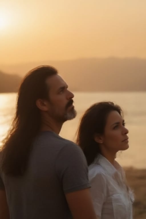 Photography, outdoor, cinematic lighting (from below: 1.0) of Gas a 40-year-old handsome man with very long, unkempt brown hair and a grey t-shirt standing next to Pao a woman with long, straight black hair blowing in the wind, wearing a white blouse with the buttons suggestively undone. (((They both look up at the sky at the same point to the right))), (((They both look up at the sky at the same point to the right))) and have the same posture, the man with a serious expression, the woman with a soft gaze. The setting sun behind them fills the sky with warm orange and yellow hues, creating a calm, contemplative mood. Cinematic lighting from below casts soft shadows, enhancing their features. The scene is bathed in a warm golden glow, with a subtle film grain and a slightly desaturated colour palette, evoking a serene and nostalgic atmosphere, que recuerda a una película de Zack Snyder, skin texture, Details 