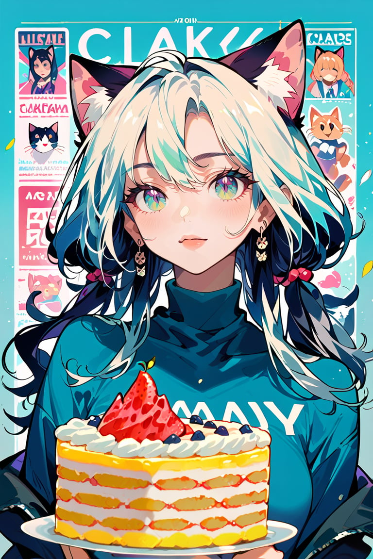 score_9, score_8, score_7, score_6, anime style, 1girl, cat ears, cakes, poster design, 