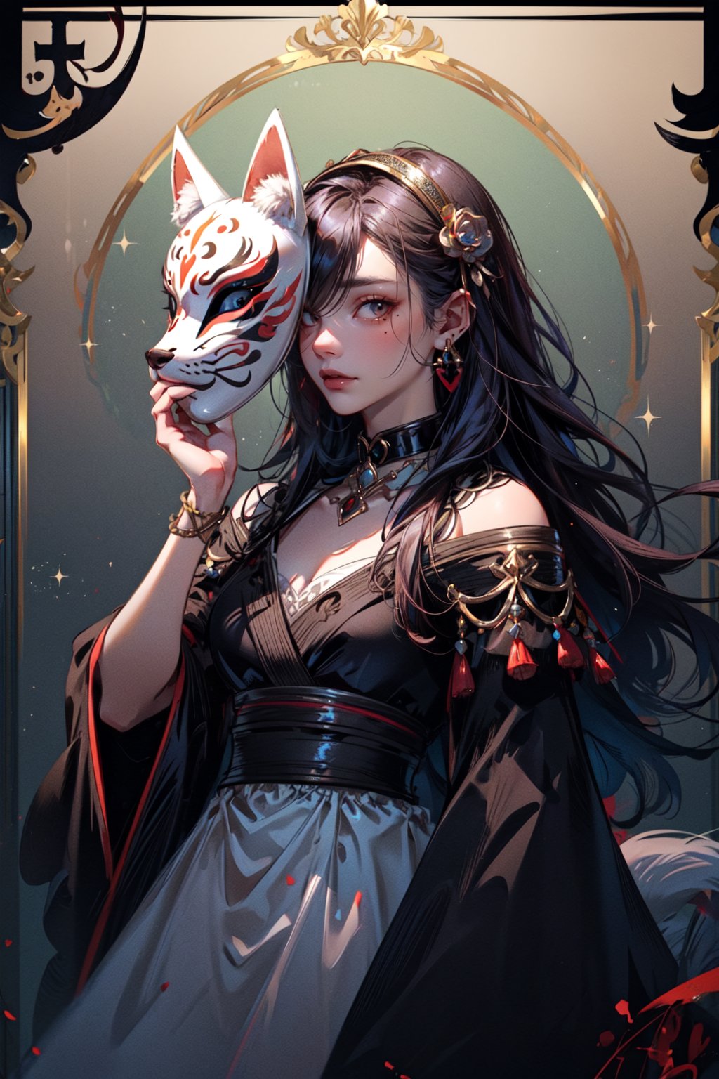 (game character design), (frame for card game), 1girl, long hair, with glitter, mother-of-pearl,  jewellery, link collar, accessory, ear rings, mole under eye, (fox mask, mask on hand, putting on mask), signature,midjourney