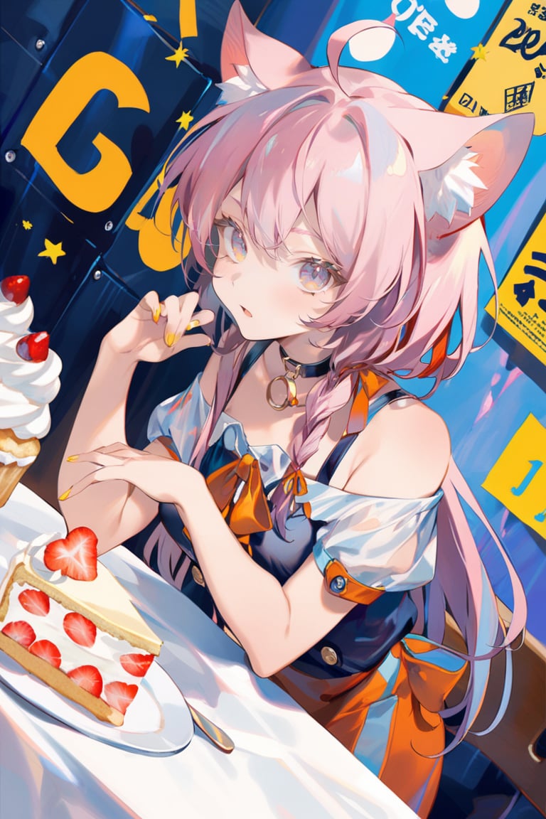 1girl, cat ears, cakes, poster design, 