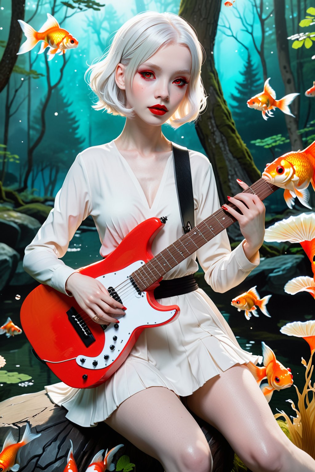 1girl mature with guitar on forest , solo, short hair, hair ornament, red eyes, long sleeves, upper body, white hair, makeup, animal, lipstick, pale skin, eyeshadow, fish, goldfish,DonMM1y4XL,more detail XL