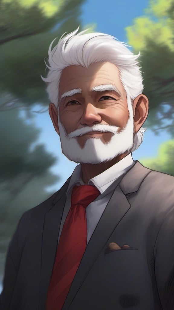 solo, looking at viewer, smile, shirt, 1boy, jacket, upper body, white hair, male focus, outdoors, necktie, sky, cloud, tree, black jacket, facial hair, cloudy sky, red necktie, beard, zipper, realistic, old, old man