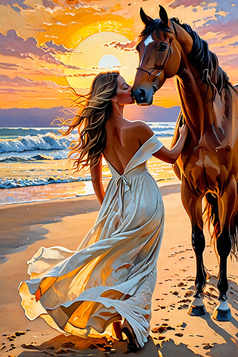 A stunning painting captures a tender moment between a woman and her majestic horse,guitar under the woman  using the palette knife technique to create rich texture and depth. Warm, earthy colors of orange, red, brown, and yellow dominate the scene, further emphasizing the intimate connection between the two. The woman, dressed in a flowing white linen gown, walks confidently towards the viewer, her curves accentuated by the golden sunlight that creates a soft, translucent effect on her garment. The dramatic sunset at the beach and the distant city skyline serve as a serene backdrop, with the sun casting a warm, golden glow over the entire scene. The artist masterfully blends color and texture, capturing the essence of tranquility and immortalizing this unforgettable moment in time.