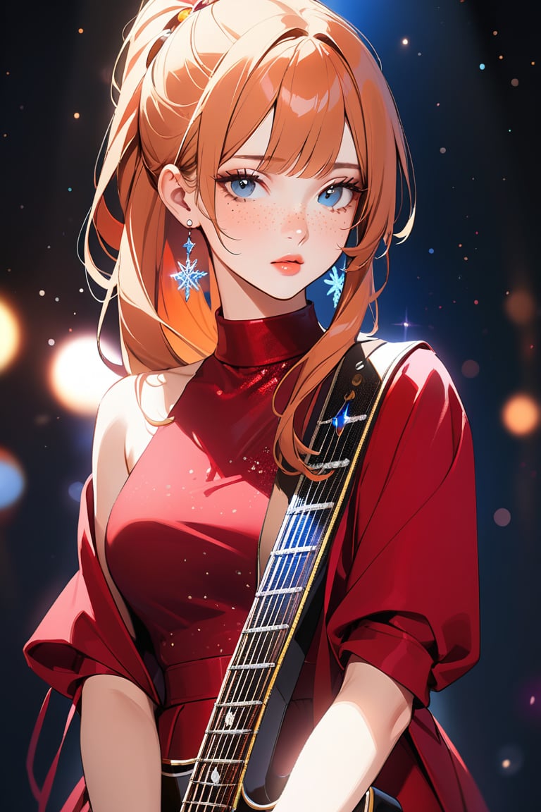 1girl,woman with guitar and fox in your arms , ((standing: 2.5)), long hair, looking at viewer, blush, bangs, hair ornament, jewelry, blue eyes, ponytail, orange straight hair, earrings, parted lips, blurry, lips, ((red dress: 1.1)), eyelashes, portrait, light particles, ((masterpiece: 2)), excellent quality, light particles, ((freckles: 1.5)), snowflakes, ((stunning_image: 1.5)), ((magma drops in air: 1)), medium long shot.,Ink art