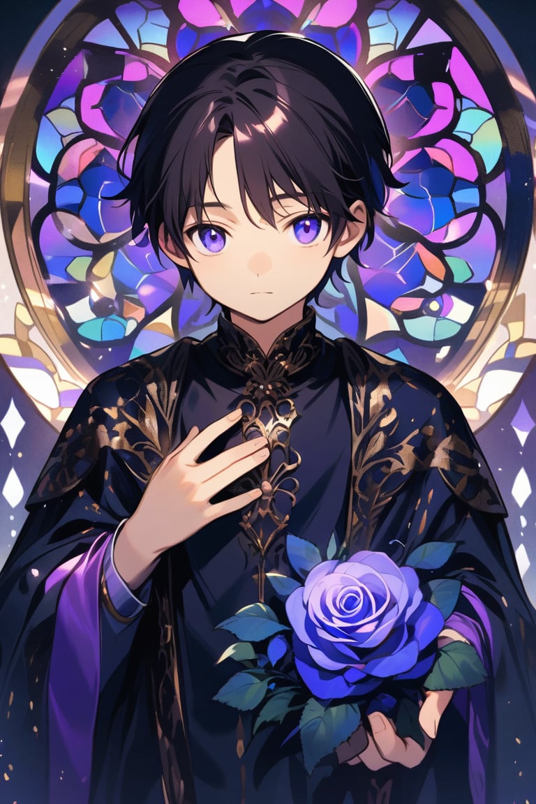 A young boy, around 10 years old, stands confidently in front of a stunning gold-edged black rose. The delicate petals of the rose are delicately crafted to resemble stained glass, refracting light and adding a touch of luxury to the scene. The boy's eyes shine with curiosity as he gazes at the rose, his dark hair styled neatly with a hint of messy charm. Against a soft focus background, the rose and boy are set against a subtle gradient of blue and purple hues, evoking a sense of tranquility.