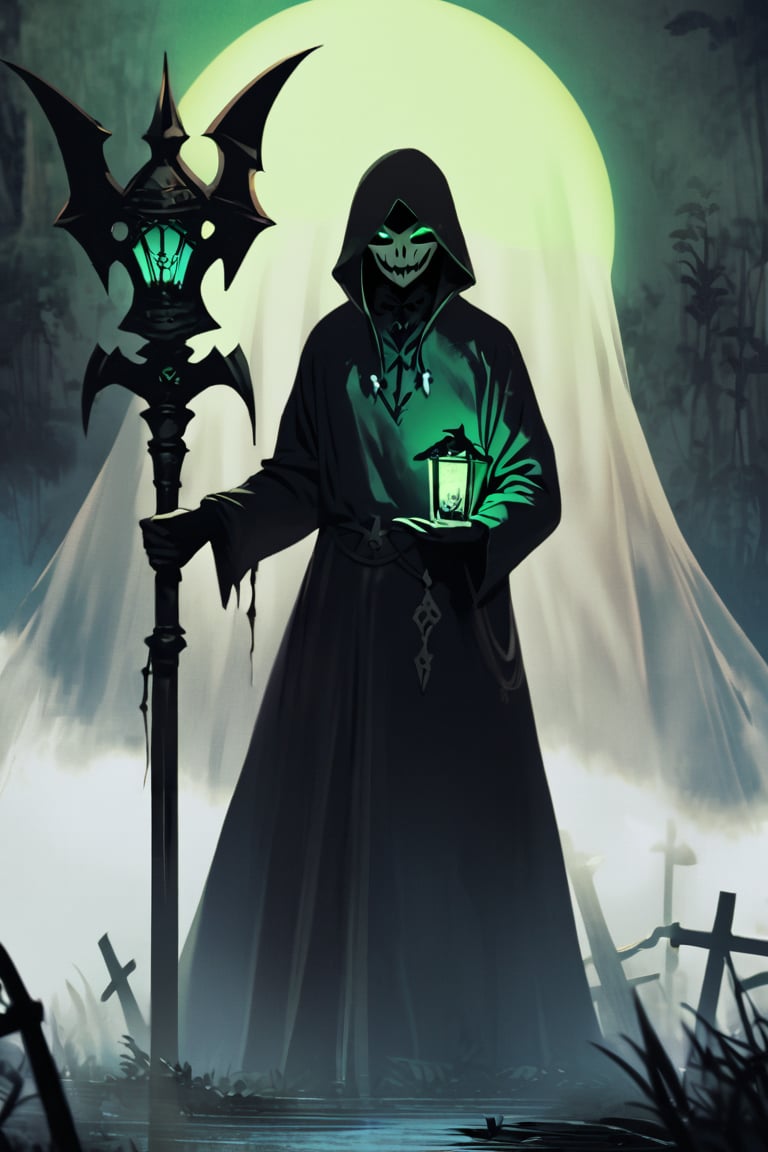 A lone figure emerges from the misty veil of a midnight graveyard, the 1boy's face obscured by a haunting mask with a sharp smile and razor-sharp fangs. His piercing green eyes glow like lanterns in the darkness, as if fueled by the dark arts he practices. In hand, a scythe whispers eerie tales of the phantom that haunts this forgotten land.