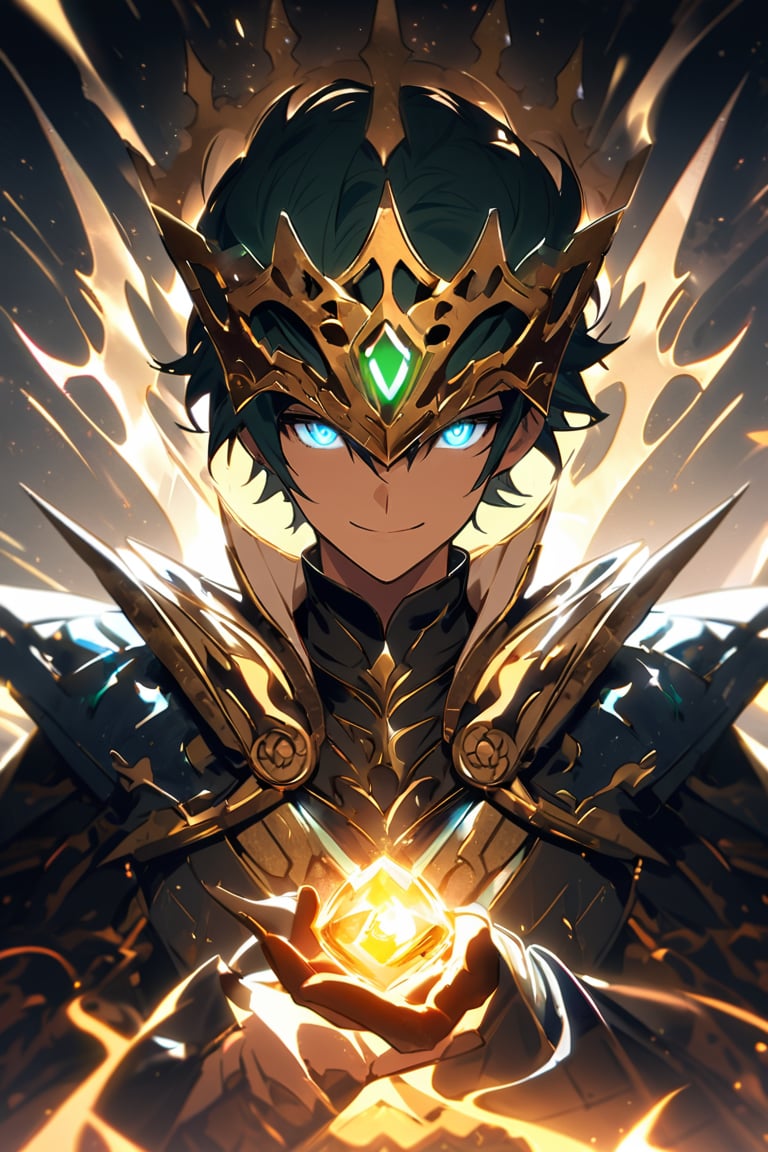 A high-resolution image of a single boy wearing an intricately designed serpent-shaped mask with a sharp, radiant smile. His white eyes glow with an ethereal light, as if infused with an otherworldly energy. He stands proudly, grasping a sleek crossbow in his hand, against a darkened backdrop that seems to amplify the luminescence of his eyes. The composition is dramatic, with the boy centered and the mask's serpentine curves framing his face like a crown.