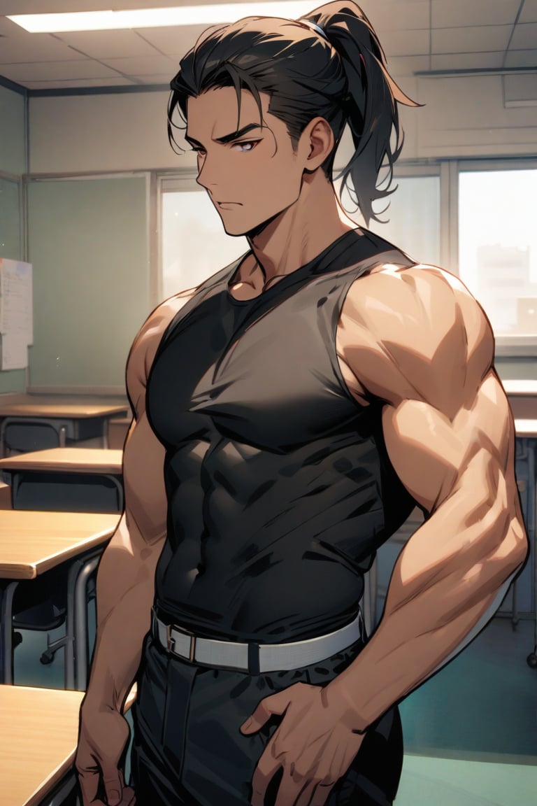 masterpiece, best quality, 1boy, standing, teacher outfit, front of classroom, solo, ponytail, (upperbody), muscular_body