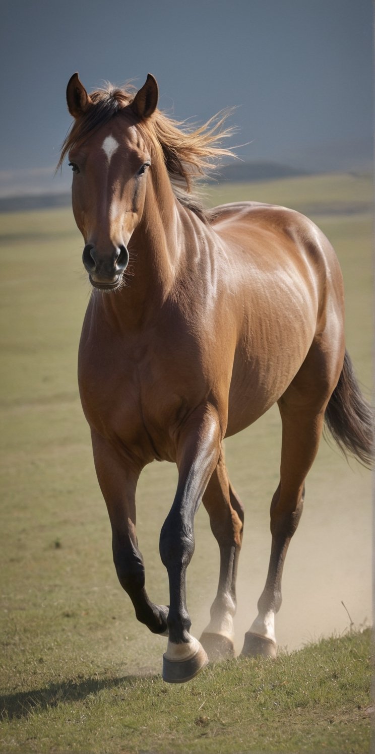 Hyper-realistic close-up photo, close-up of a horse from the side. The horse is on an African plain. The horse is running on the plain at full speed, you can see the movement and its great speed is demonstrated. It is day. The light creates a contrast of shadows on the animal. Beautiful scene, ultra detailed, hyperrealistic, colorful, distant.