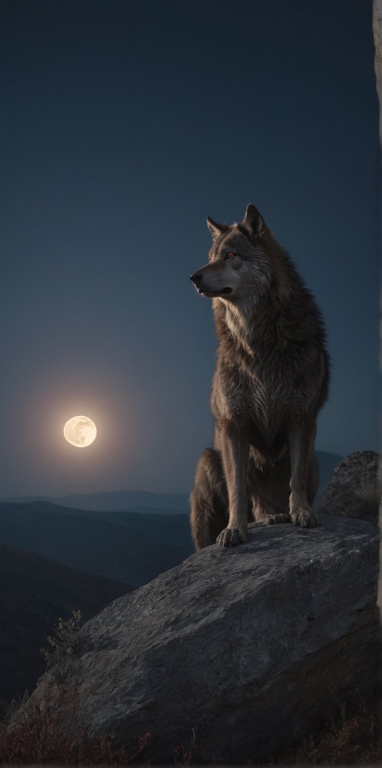 A dynamic and courageous werewolf standing atop a rugged hill under a full moon, embodying the fiery spirit of Aries. The landscape is wild, mirroring the werewolf's adventurous nature. Photorealistic,