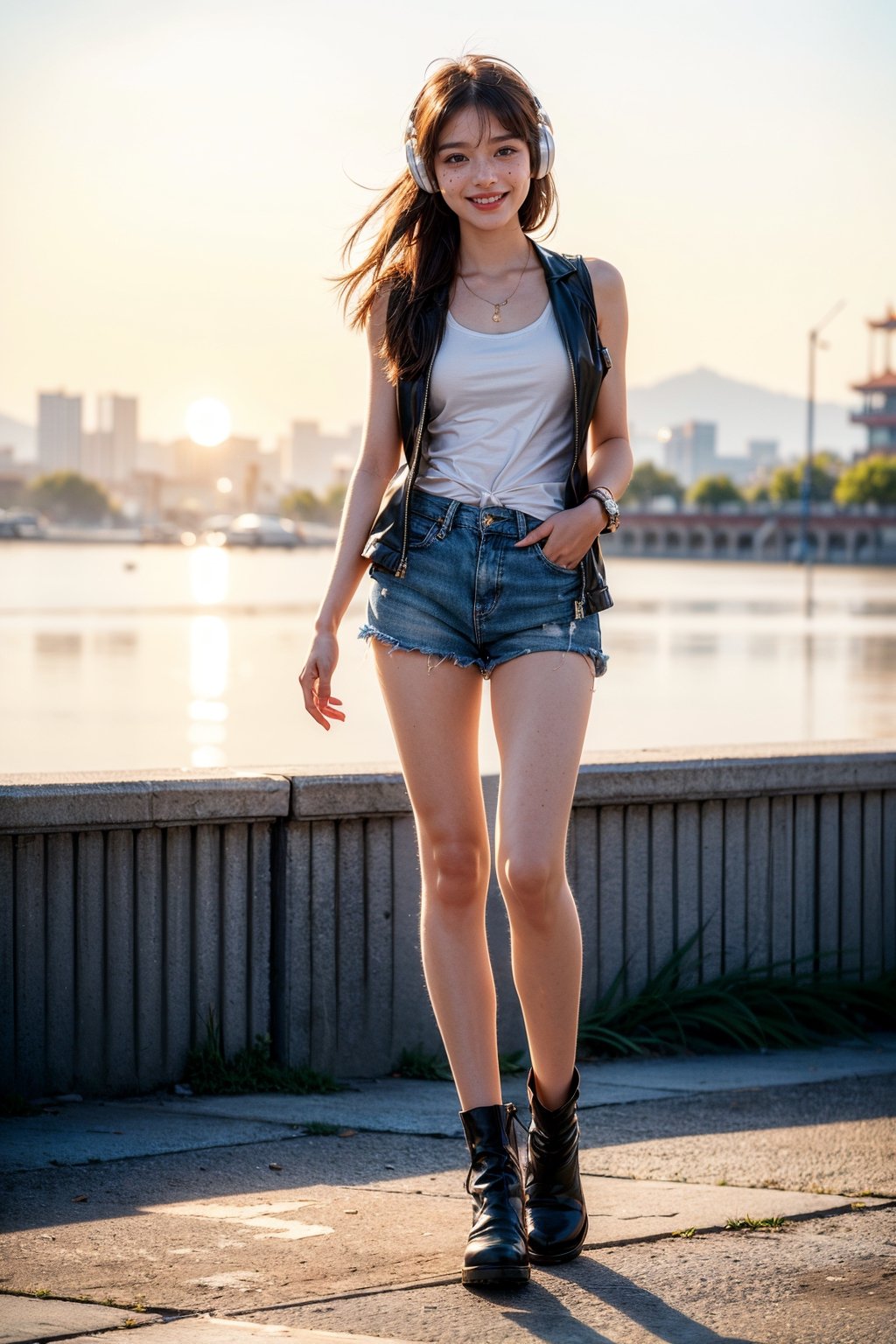 (masterpiece, top quality, best quality,1girls,Chinese, beautiful face, smile, long hair, 19 years old, tank top, jacket, shorts, boots, hills, full body view, sunset, Holding a pair of over-ear headphones in her hand, freckles, perfect arms, perfect skin