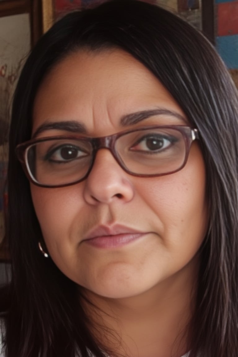 The image is a high-resolution photograph of a woman with a serious, slightly contemplative expression. She has long, straight, dark brown hair that falls over her left shoulder, framing her face. Her eyes are a light brown, and she is wearing rectangular, dark brown eyeglasses with a slight tint, giving her a studious appearance. She has a light olive complexion and a small, silver hoop earring in her right ear, Paola