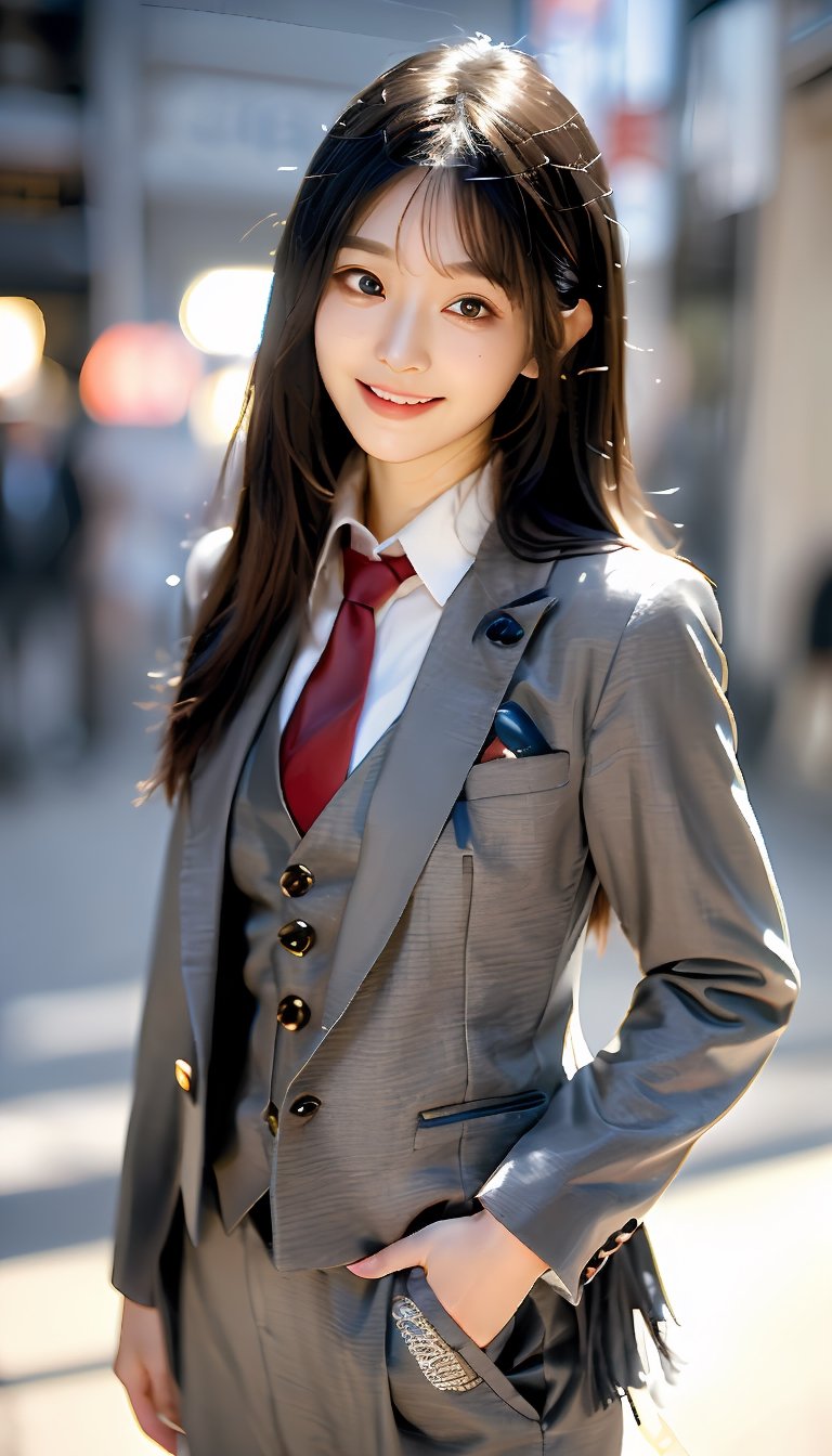 (((((Front viewed, medium level shot:1.2))))), ((standing)), (1girl), (((((young cute Japanese face))))), (((((British style deep grey gentleman's button blazer suit and waistcoat:1.5))))), ((((necktie:1.3)))), (((long trousers:1.3))), ((medium body shot)), (((((smiling face:1.5))))), (((plastic surgery huge shining round eyes, small chin, small low jaw, high-bridged nose, small face, small mouth:1.4))), ((extra long hair with fringes with blurry:1.4)), ((Tokyo street:1.4)).,Bomi,photorealistic,1 girl