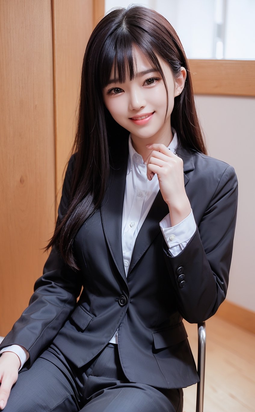 (((((Button_collared_top blazer suit:1.5))))),((sitting her office chair)),((((medium body shot:1.4)))),(((((long old pants:1.4))))),(beautiful and aesthetic:1.4),((((round cheeks, high-bridged nose, plastic surgery round eyes:1.5)))),((((extra long hair with complete fringes with blurry:1.4)))), ((((smiling face:1.5)))),(((((Kpop stylish pose:1.5))))),(((((bank office room:1.5))))),
perfect.,Bomi,Enhance,Model ,Asian ,Girl,(((eungirl))). ,eungirl,1girl. 