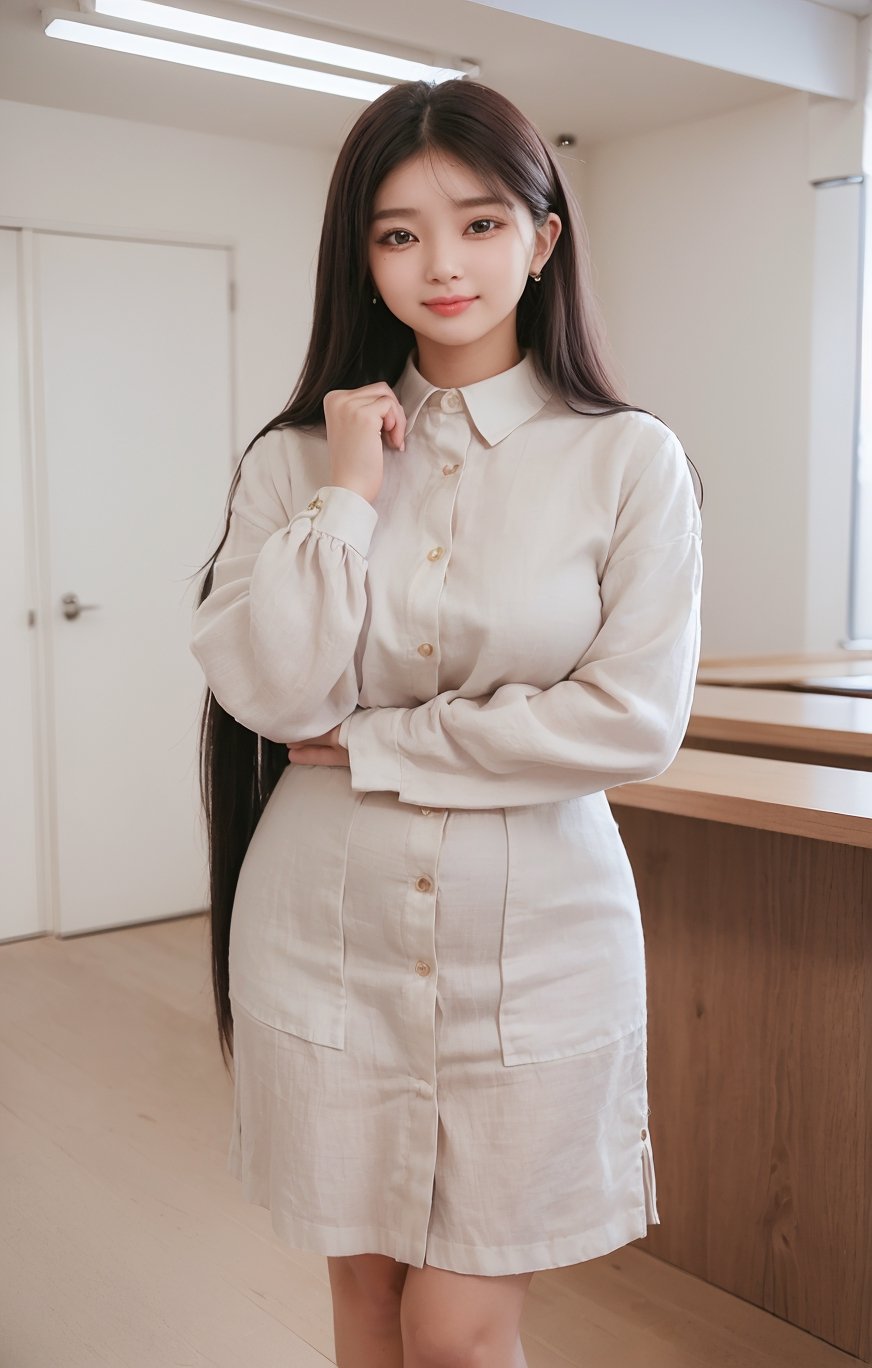 (((((Top_collared_button_linen_long_sleeve_shirt:1.5))))),(((long_skirt:1.4))),((((standing)))),(((((front_viewed:1.5))))),(((extra_long_hair_with_complete_fringes_with_blurry:1.4))),(((cute_smiling_face:1.3))),((((looking_at_viewer:1.4)))),(beautiful and aesthetic:1.4),((((round cheeks, high-bridged nose, plastic surgery round eyes:1.5)))), (((Kpop style pose:1.4))),(((bank office))),
perfect.,Bomi,Enhance,Model ,Asian ,eungirl,((((1girl)))).,((Perfect lips)).