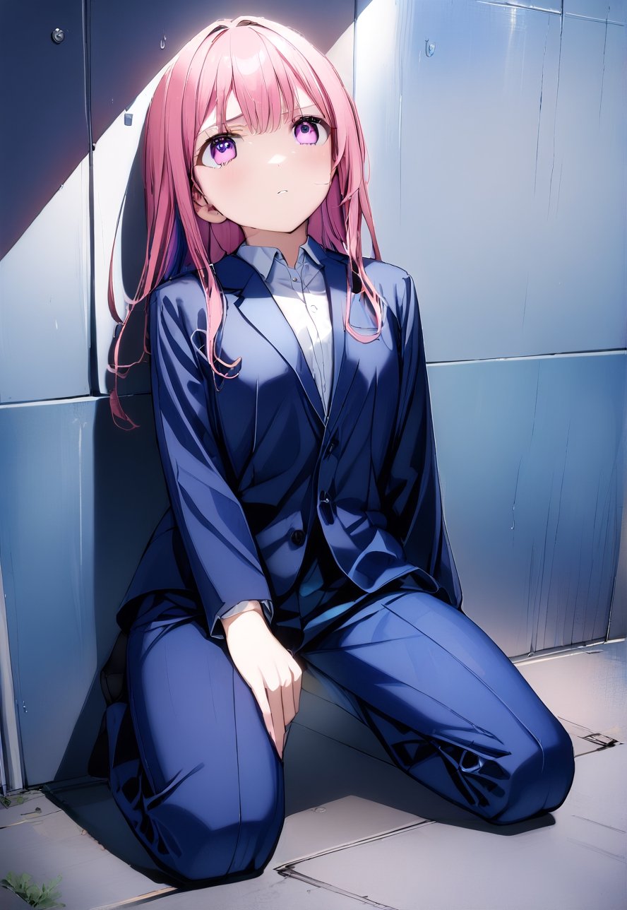 (((Extreme far body to legs shot))), (((establishing shot))), a ((((kneeling against wall)))) 26-years-old teenage Japanese office girl, ((((blue gentleman's suit and black button_up collared long sleeve shirt)))), ((((blue long pants)))), (((sad face))), ((((she looking up)))),  (((gorgeous pink eyes))), ((((street)))) (((maroon  hair))), (long hair with fringes with blurry).