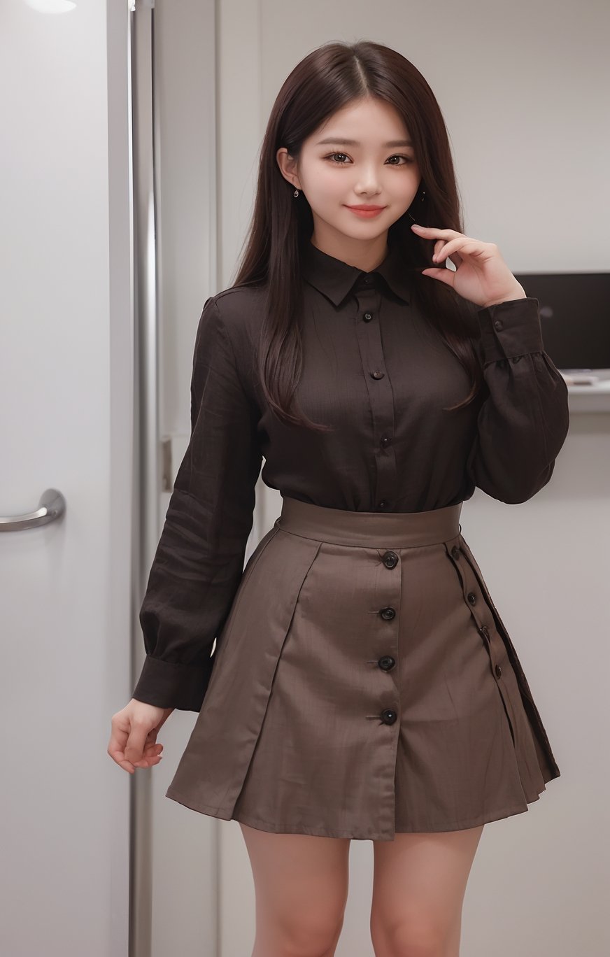 (((((Top_collared_button_linen_brown_long_sleeve_shirt:1.5))))),(((black_long_skirt:1.3))),((((standing)))),(((((front_viewed:1.5))))),(((extra_long_hair_with_complete_fringes_with_blurry:1.4))),(((cute_smiling_face:1.3))),((((looking_at_viewer:1.4)))),(beautiful and aesthetic:1.4),((((round cheeks, high-bridged nose, plastic surgery round eyes:1.5)))), (((Kpop style pose:1.4))),(((bank office))),
perfect.,Bomi,Enhance,Model ,Asian ,eungirl,((((1girl)))).,((Perfect lips)).