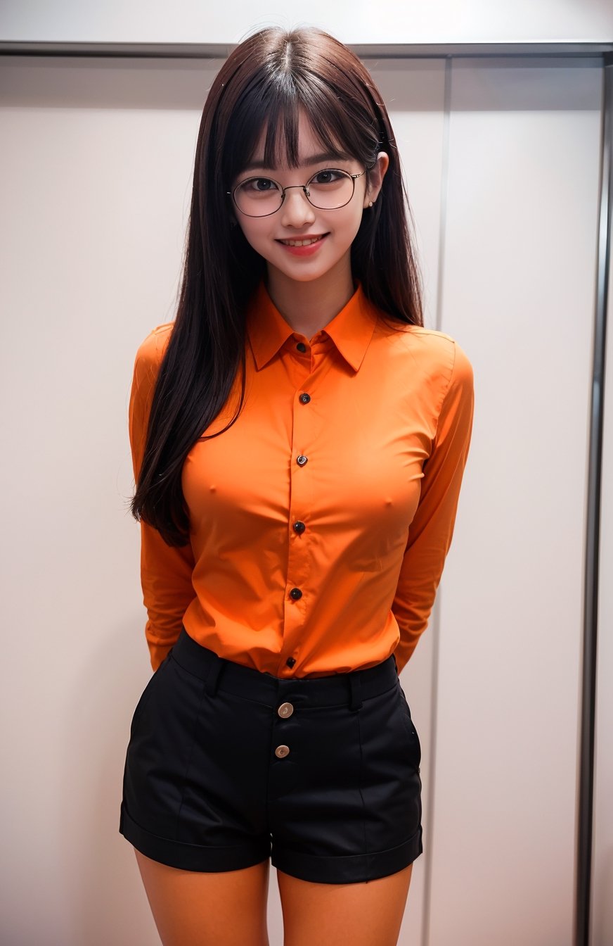 ((((((Button_collared_top orange long sleeve shirt:1.5)))))),((standing)),((((front viewed,medium shot:1.4)))),((((black mini short pants:1.4)))),(((stylish long hair with complete bangs with blurry))),(((((smiling face:1.5))))),(Ultra-realistic, best photograph, best quality:1.3),((((round thin glasses:1.4)))), ((((arms behind back:1.4)))),(beautiful and aesthetic:1.4),((((round cheeks, high-bridged nose, plastic surgery round eyes:1.5)))),((((Kpop stylish pose:1.5)))),((((office room:1.4)))), 
perfect.,Bomi,Enhance,Model ,Asian ,Girl,(((eungirl))). ,eungirl,1girl. 