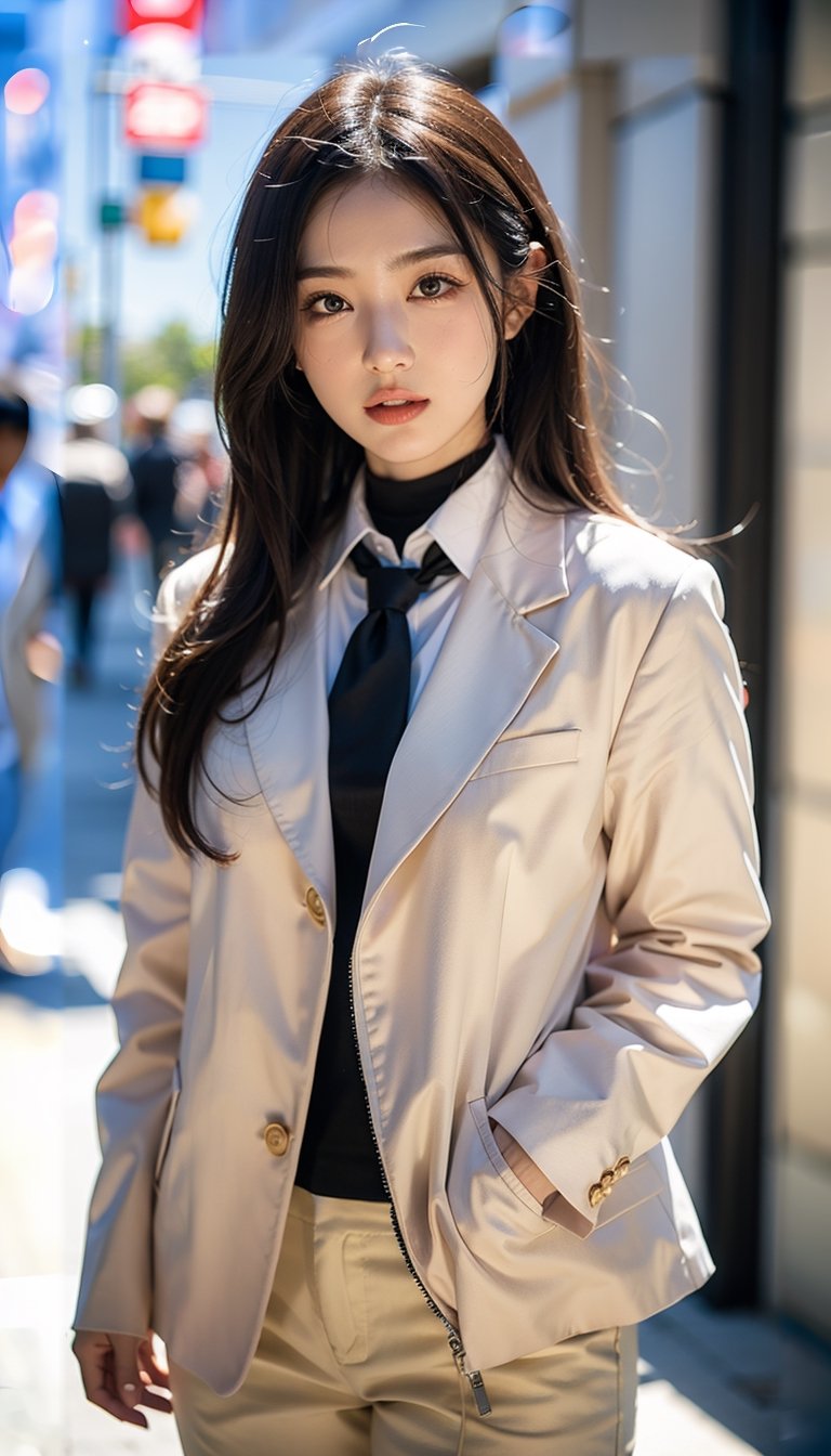 (((((Front viewed, medium level shot:1.2))))), ((standing)), (1girl), (((((young cute Japanese face))))), (((((British style gentleman's button brown blazer suit:1.5))))), ((((necktie:1.3)))), (((long trousers:1.3))), ((medium body shot)), (((((smiling face:1.5))))), (((plastic surgery huge shining round eyes, small chin, small low jaw, high-bridged nose, small face, small mouth:1.4))), (((((arms_behind_back:1.5))))), ((extra long hair with fringes with blurry:1.4)), ((Tokyo street:1.4)).,Bomi,photorealistic,1 girl