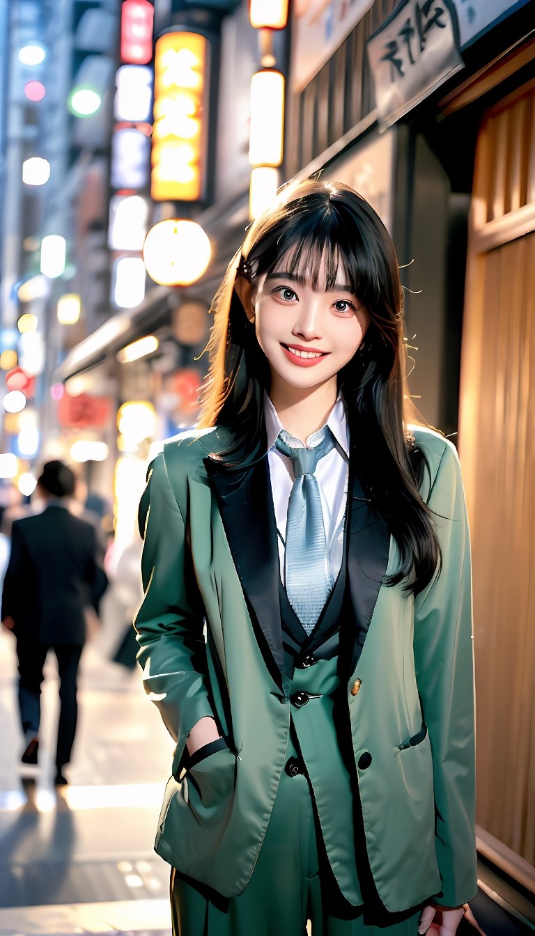 (((((Front viewed, medium level shot:1.2))))), ((standing)), (1girl), (((((young cute Japanese face))))), (((((British style deep green gentleman's button blazer suit:1.5))))), ((((necktie:1.3)))), (((long trousers:1.3))), ((medium body shot)), (((((smiling teeth face:1.5))))), (((plastic surgery huge shining round eyes, small chin, small low jaw, high-bridged nose, small face, small mouth:1.4))), ((extra long hair with fringes with blurry:1.4)), ((Tokyo street:1.4)).,Bomi,photorealistic,1 girl