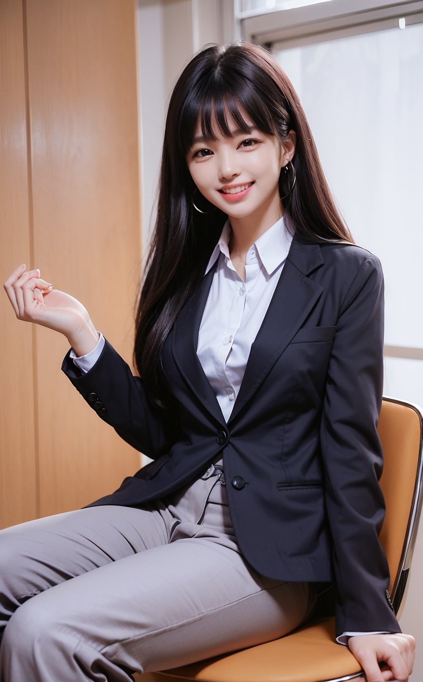 (((((Button_collared_top blazer suit:1.5))))),((((sitting her office chair)))),((((medium shot:1.4)))),(((((long old pants:1.4))))),(beautiful and aesthetic:1.4),((((round cheeks, high-bridged nose, plastic surgery round eyes:1.5)))),((((extra long hair with complete fringes with blurry:1.4)))), ((((smiling face:1.5)))),(((((Kpop stylish pose:1.5))))),(((((bank office room:1.5))))),
perfect.,Bomi,Enhance,Model ,Asian ,Girl,(((eungirl))). ,eungirl,1girl. 