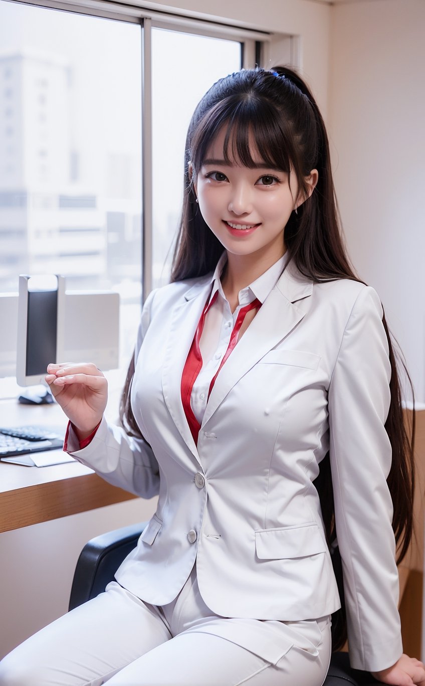 (((((Button_collared_top white blazer suit:1.5))))),((sitting her office chair)),((((medium shot:1.4)))),(((((long old pants:1.4))))),(beautiful and aesthetic:1.4),((((round cheeks, high-bridged nose, plastic surgery round eyes:1.5)))),((((extra long hair with complete fringes with blurry:1.4)))), ((((smiling face:1.5)))),(((((Kpop stylish pose:1.5))))),(((((bank office room:1.5))))),
perfect.,Bomi,Enhance,Model ,Asian ,Girl,(((eungirl))). ,eungirl,1girl. 