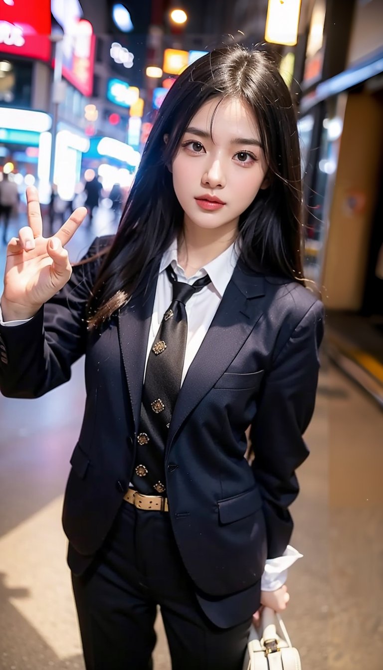 (((((Front viewed, medium level shot:1.2))))), ((standing)), (1girl), (((((young cute Japanese face))))), (((((British style navy blue gentleman's button blazer suit:1.5))))), ((((necktie:1.3)))), (((long trousers:1.3))), ((medium body shot)), (((((smiling face:1.5))))), (((plastic surgery huge shining round eyes, small chin, small low jaw, high-bridged nose, small face, small mouth:1.4))), (((((peace_sign:1.5))))), ((extra long hair with fringes with blurry:1.4)), ((Tokyo street:1.4)).,Bomi,photorealistic,1 girl