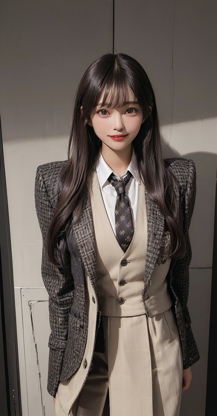 (Tweed_black_blazer_jacket:1.6),(button_waistcoat_wear_inside_blazer:1.5),(top_button_collared_shirt:1.4),(necktie:1.3),(long_pants:1.4),(((((looking_at_viewer,establishing_shot:1.6))))),(((((long_straight_hair_with_complete_bangs:1.8))))),((((standing:1.6)))),(((beautiful_and_aesthetic:1.4))),(((((happy_smile_face:1.6))))),((((plastic_surgery_round_eyes, round_cheeks, high-bridged_nose:1.5)))),((office_room:1.6)),
perfect.,Bomi,Enhance,Model ,Asian ,eungirl,((((1girl)))).,((Perfect lips)).,1 girl,perfect light.