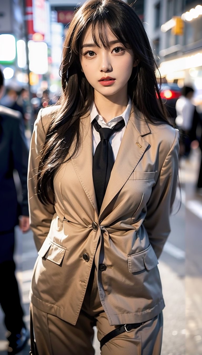 (((((Front viewed, medium level shot:1.2))))), ((standing)), (1girl), (((((young cute Japanese face))))), (((((British style raw umber gentleman's button blazer suit:1.5))))), ((((necktie:1.3)))), (((long trousers:1.3))), ((medium body shot)), (((((smiling face:1.5))))), (((plastic surgery huge shining round eyes, small chin, small low jaw, high-bridged nose, small face, small mouth:1.4))), (((((arms_behind_back:1.5))))), ((extra long hair with fringes with blurry:1.4)), ((Tokyo street:1.4)).,Bomi,photorealistic,1 girl