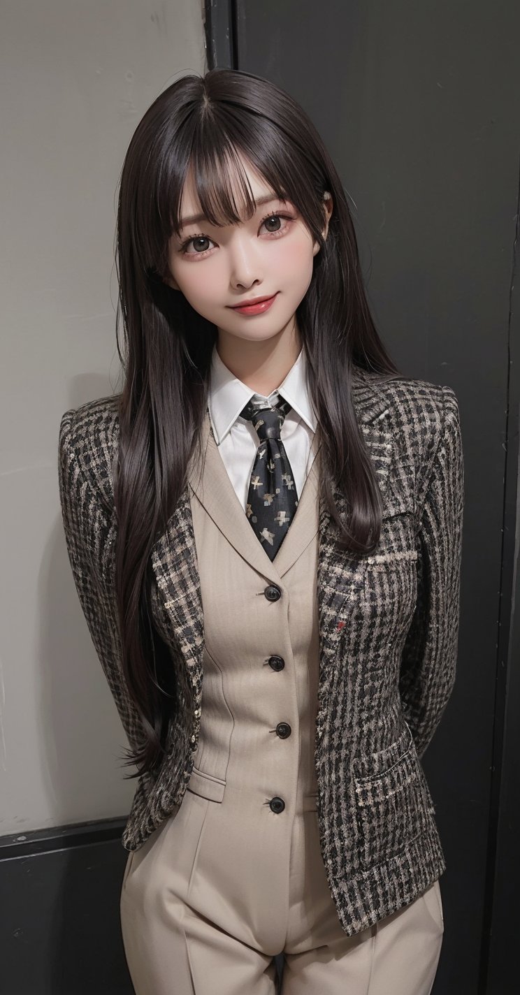 (Tweed_black_blazer_jacket:1.6),(button_waistcoat_wear_inside_blazer:1.5),(top_button_collared_shirt:1.4),(necktie:1.3),(long_pants:1.4),(((((looking_at_viewer,establishing_shot:1.6))))),(((((long_straight_hair_with_complete_bangs:1.8))))),((((standing:1.6)))),(((beautiful_and_aesthetic:1.4))),(((((happy_smile_face:1.6))))),((((plastic_surgery_round_eyes, round_cheeks, high-bridged_nose:1.5)))),((office_room:1.6)),
perfect.,Bomi,Enhance,Model ,Asian ,eungirl,((((1girl)))).,((Perfect lips)).,1 girl,perfect light.